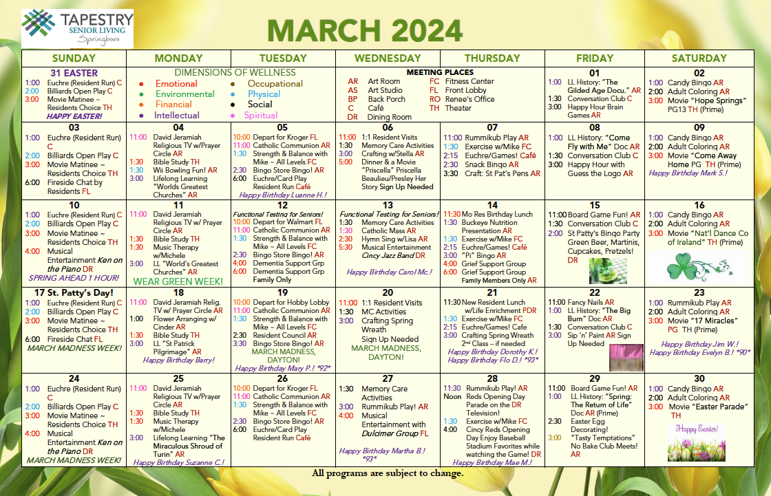 Activities Calendar Tapestry Senior Springboro